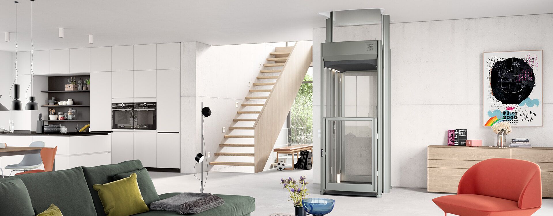 Wohnraum mit Lift Modell MyHome Lift im Hintergrund